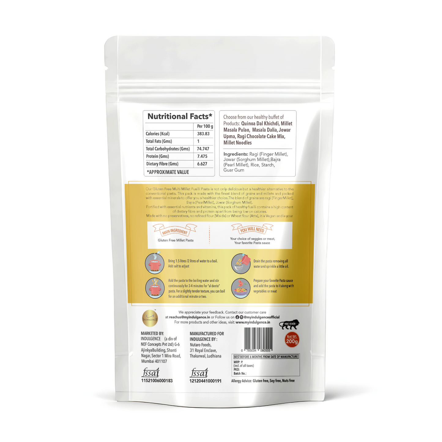 Gluten Free Millet Fusilli Pasta-No Preservatives, High Fibre, High Protein