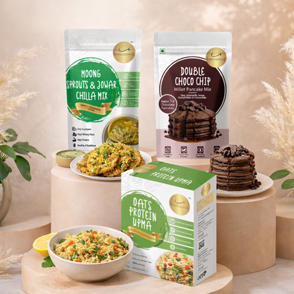 High Protein Breakfast Combo| Moong Sprouts & Jowar Chilla Mix +Double Choco Chip Millet Pancake Mix +Oats Protein Upma | No Preservatives