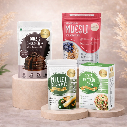 High Protein Breakfast Combo large pack - Zero Added Sugar Muesli+ Oats Protein Upma+ Double Chocochip Millet Pancake Mix + Millet Dosa Mix