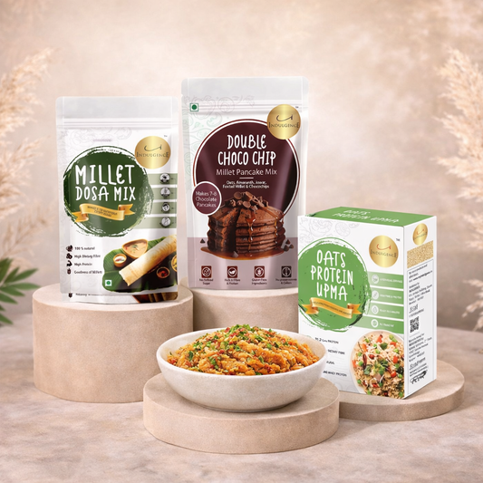 Healthy Breakfast Combo - Millet Dosa Mix +Double Choco Chip Pancake Mix + Oats Protein Upma- High protein,High Fibre, No Maida,No Refined Sugar