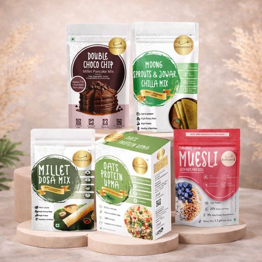 High Protein Breakfast buffet Combo - Zero Added Sugar Muesli+ Double Chocochip Pancake Mix +Millet Dosa Mix + Moong Sprouts & Jowar Chilla Mix +Oats Protein Upma, No Preservatives