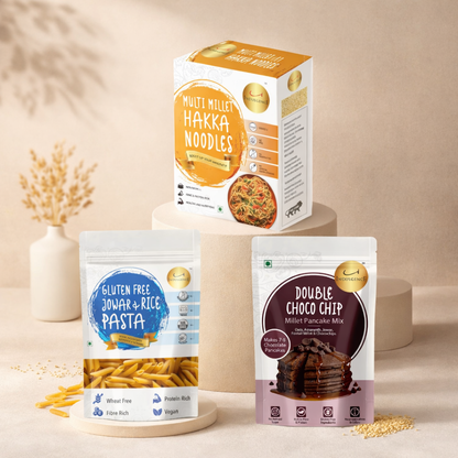 Zero Maida  Mini Meal- Multi Millet Hakka Noodles + Jowar & Rice Penne Pasta  + Double Chocochip Pancake Mix