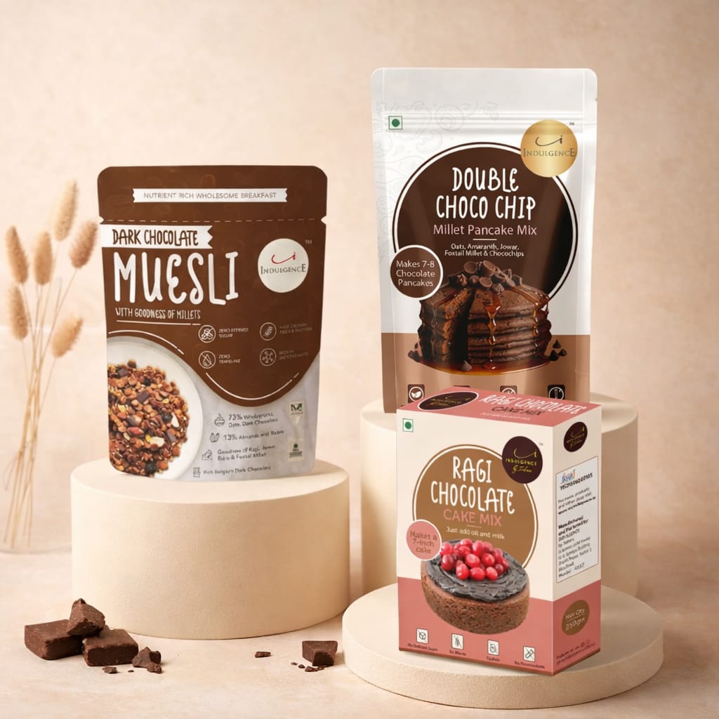 Kids chocolaty Treat Combo, Dark Chocolate Millet Muesli, Double Choco Chip Millet Pancake Mix, Ragi Chocolate Cake Mix, 3 Pack, 700g