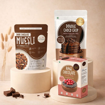 Kids chocolaty Treat Combo, Dark Chocolate Millet Muesli, Double Choco Chip Millet Pancake Mix, Ragi Chocolate Cake Mix, 3 Pack, 700g