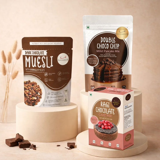 Kids chocolaty Treat Combo, Dark Chocolate Millet Muesli, Double Choco Chip Millet Pancake Mix, Ragi Chocolate Cake Mix, 3 Pack, 700g