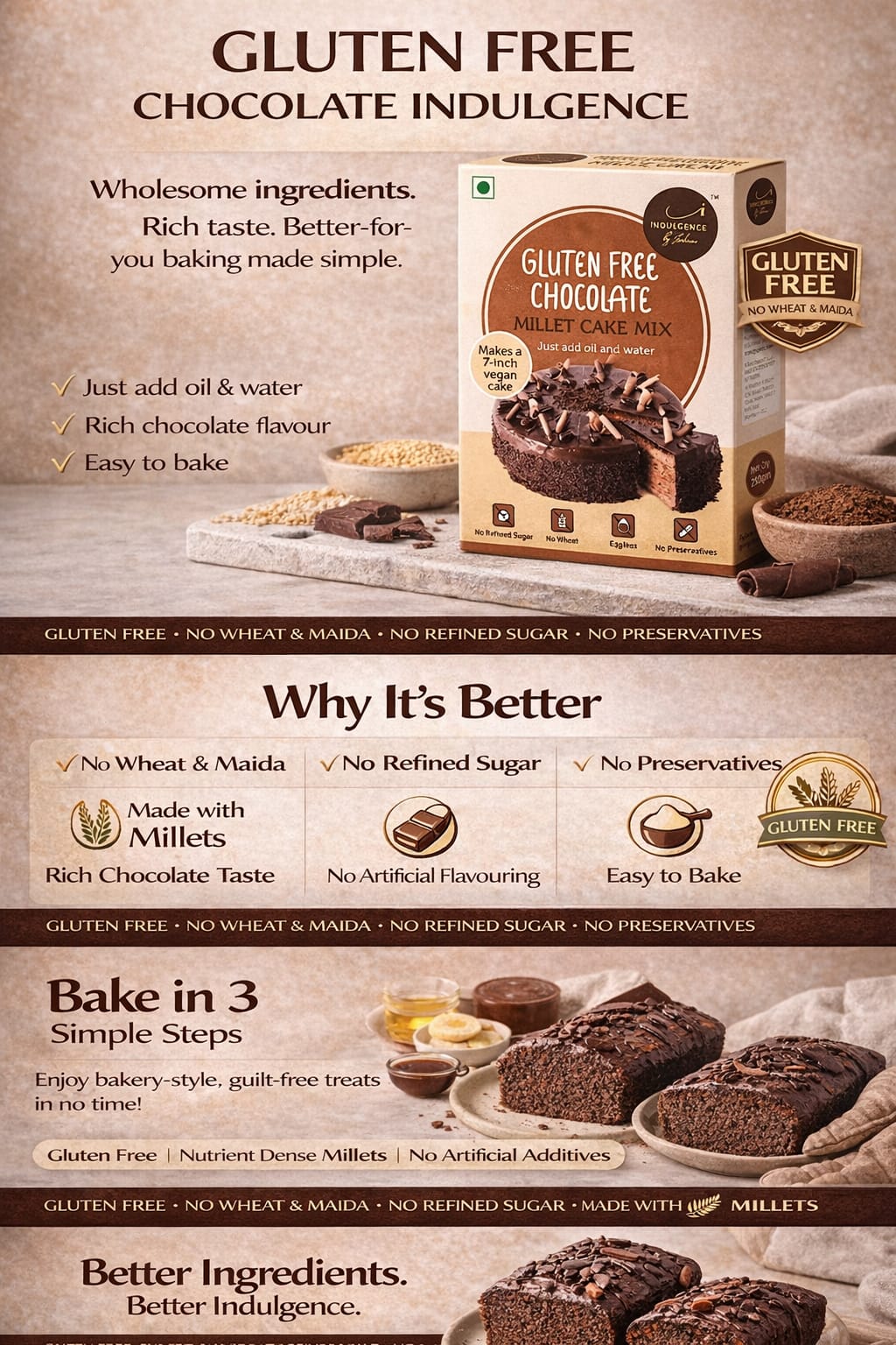 Gluten Free Chocolate Millet Cake Mix- No Preservatives, High Fibre, No Wheat, No Artificial flavors