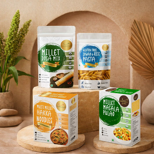 Millet Instant Combo Pack of 4- Masala Pulao + Multi Millet Hakka Noodles +Millet Dosa Mix+ Jowar and Rice Penne Pasta. High Fibre, High Protein, No Preservatives