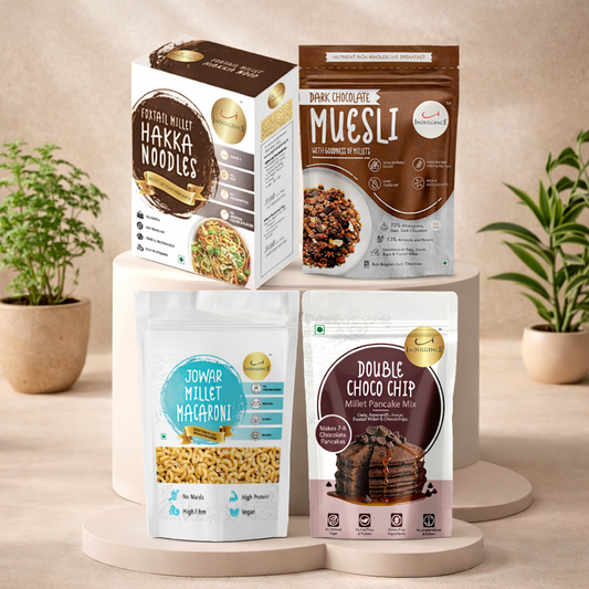 KIDS CELEBRATION PACK - No Maida Foxtail Millet Hakka Noodles + No Maida Jowar Millet Macaroni+Dark Chocolate Millet Muesli+ No Maida Double Choco Chip Millet Pancake Mix. High protein, High Fibre