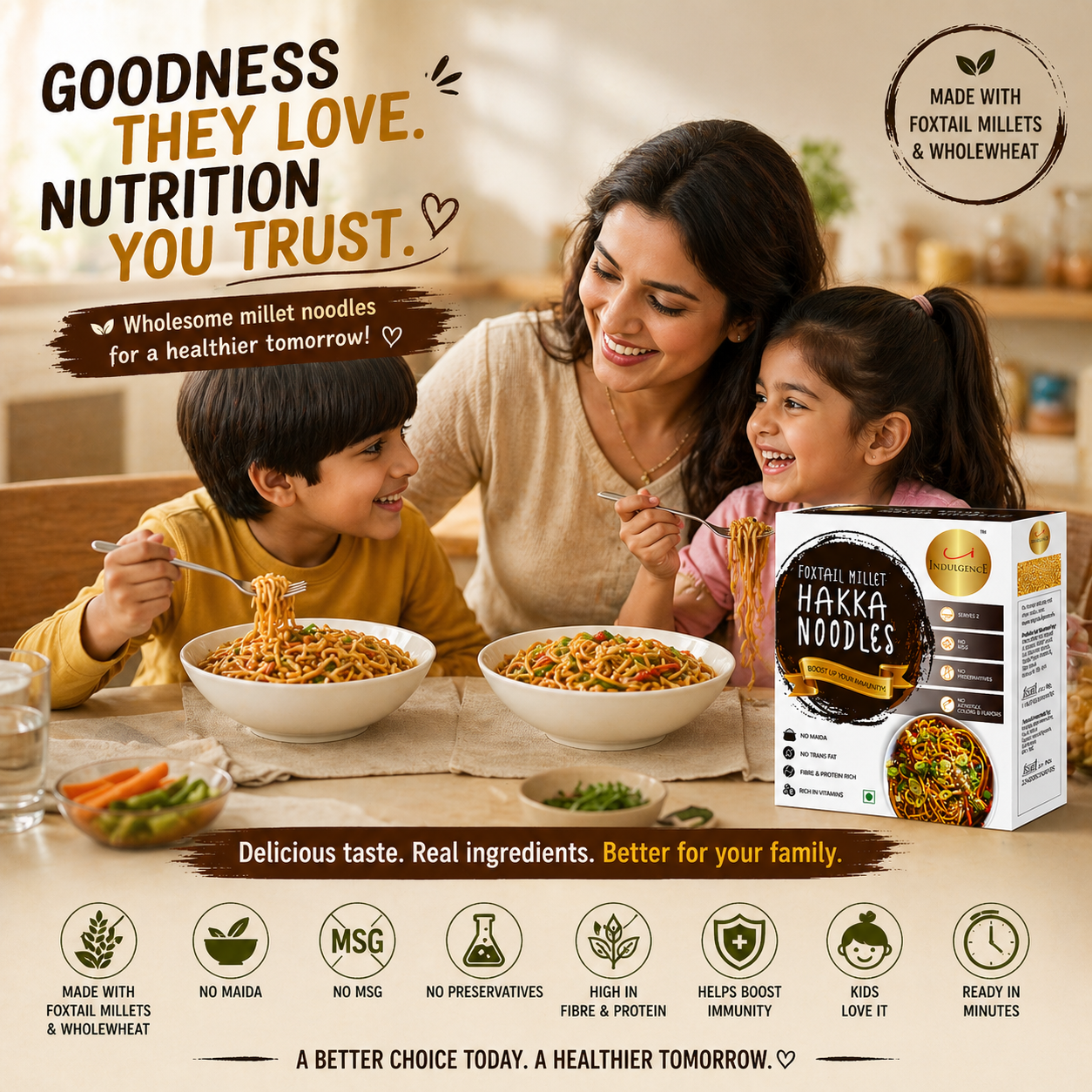 KIDS CELEBRATION PACK - No Maida Foxtail Millet Hakka Noodles + No Maida Jowar Millet Macaroni+Dark Chocolate Millet Muesli+ No Maida Double Choco Chip Millet Pancake Mix. High protein, High Fibre